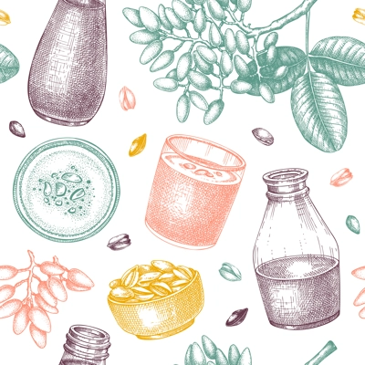 Pistachio milk pattern. Dairy products seamless endless background design. Repeating print with plant milk, pistachio nut, tree branches. Nut milk vector sketches for fabric, textile, packaging